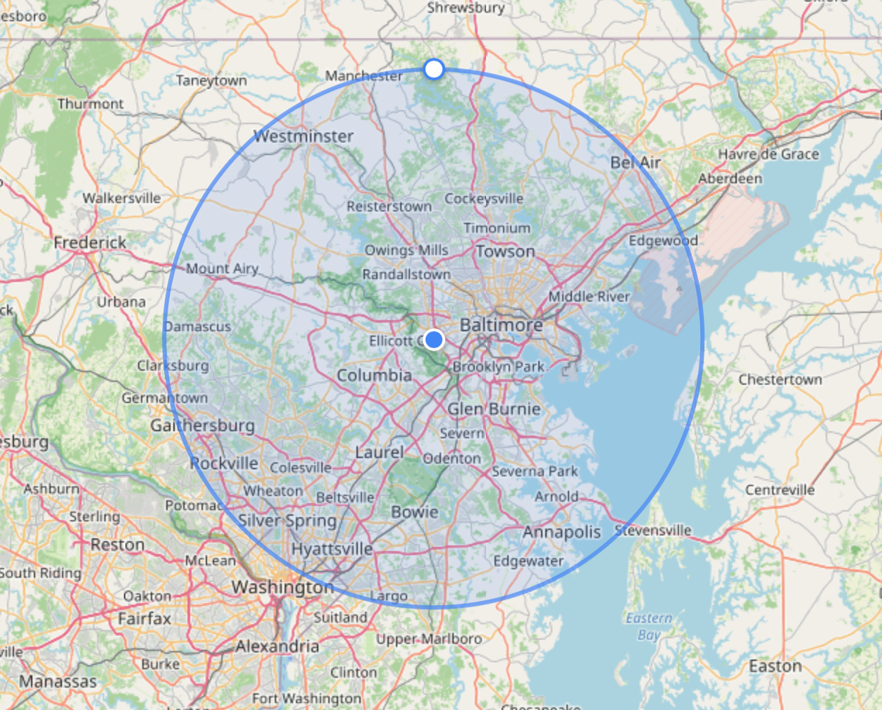 Rejuvi Nation service area map covering Baltimore and surrounding Maryland regions